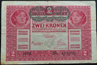 Bancnota istorica 2 COROANE - AUSTRO-UNGARIA (AUSTRIA), anul 1917 * cod 401 foto