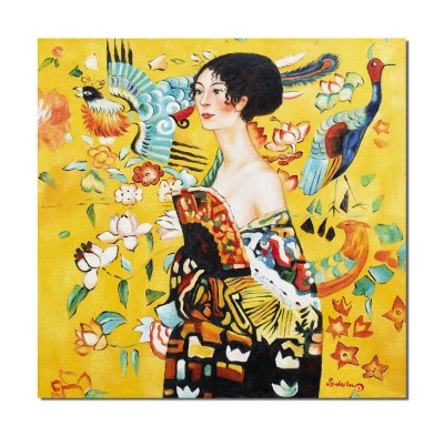 Tablou celebru pictat manual, Doamna cu evantai, 80x80cm ulei pe panza, reproducere Gustav Klimt, Magistral foto