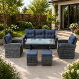 Set mobilier de gradina 7 piese cu canapea, fotolii, tabureti si masa, gri