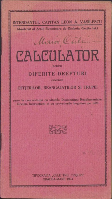 HST C426 Calculator diferite drepturi ofițeri 1924 semnat olograf Călțun Petru