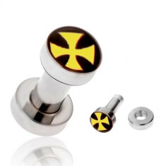 Plug tunel pentru ureche, din oţel chirurgical, cruce malteză galbenă - Diametru piercing: 4 mm