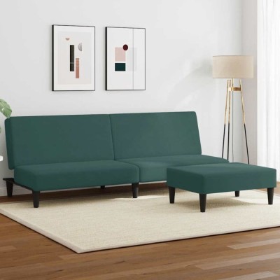 vidaXL Canapea extensibilă cu taburet, 2 locuri, verde &amp;icirc;nchis, catifea foto