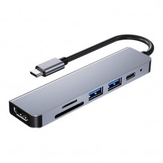 Adaptor Hub Multifunctional 6 In 1 Techstar® ZFZ6IN1A, HDMI 4K, USB-C, 1 X USB 3.0, 1 X USB 2.0, Cititor De Carduri SD/TF, PD Port, Aliaj De Aluminiu,
