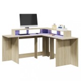 Cumpara ieftin Birou cu lumini LED stejar sonoma 152x152x91 cm, lemn prelucrat