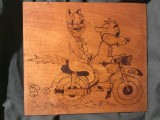Pirogravura din perioada comunista realizata manual Pif si Hercule pe motocicleta !