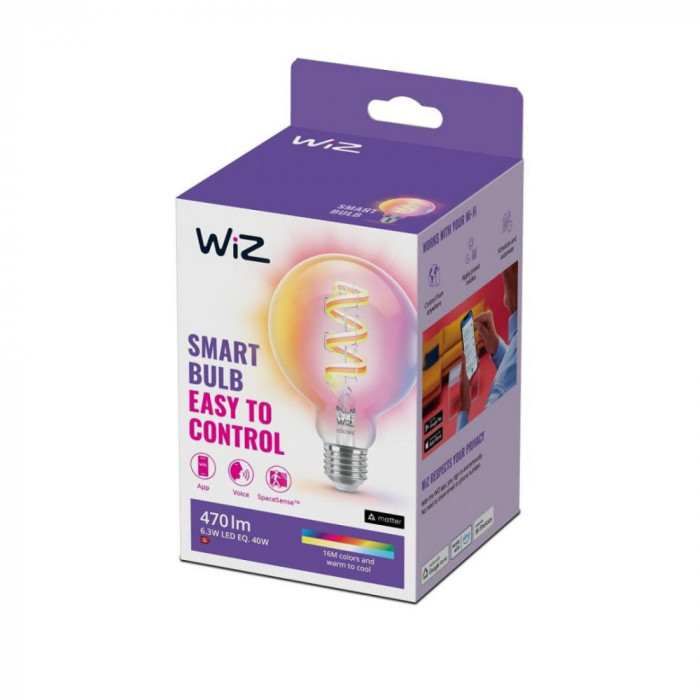 Bec LED RGB inteligent WiZ Connected Filament Clear G95, Wi-Fi, E27, 6.3W