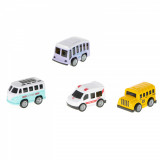 Set 4 vehicule de transport de jucarie, model retro, metalic, include 3 autobuze si o ambulanta, 6x3x4cm, 3ani+, multicolor