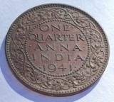 346. Moneda India Britanica &frac14; Anna 1941 (second head - low relief) (Monetaria Mumbai - tirajul cel mai mic)