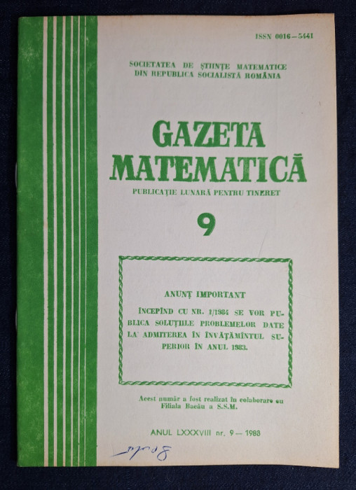 Carte - Gazeta Matematica, anul LXXXVIII, nr. 9, septembrie 1983
