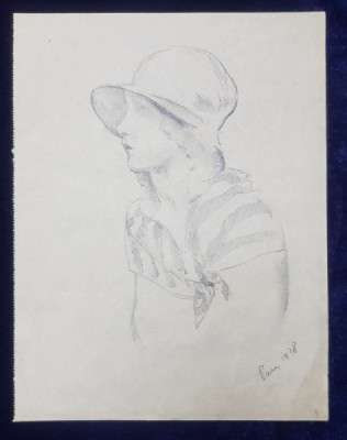 LUCRETIA MIHAIL SILION , TANARA CU PALARIE SI ESARFA , DESEN , PARIS , 1928 foto