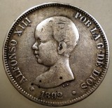 F.594 SPANIA ALFONSO XIII 5 PESETAS 1892 PG M ARGINT
