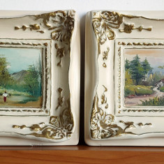 Peisaje - 2 aplice ceramice, miniaturi originale in ulei, Arta Populara Craiova