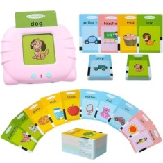 Joc interactiv cu 112 piese, pentru invatarea cuvinteleor in limba engleza, cu carduri incluse, functionare cu baterii, din plastic, roz