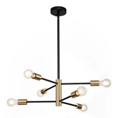 Lustra Industriala Techstar&reg; cu 6 Lumini E27, Metal Negru si Auriu Satinat, Design Nordic Scandinav