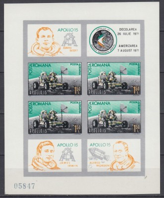 ROMANIA 1971 LP 772 b APOLLO 15 BLOC NEDANTELAT STARE MNH foto