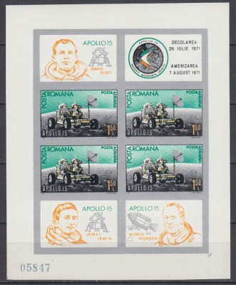 ROMANIA 1971 LP 772 b APOLLO 15 BLOC NEDANTELAT MNH foto