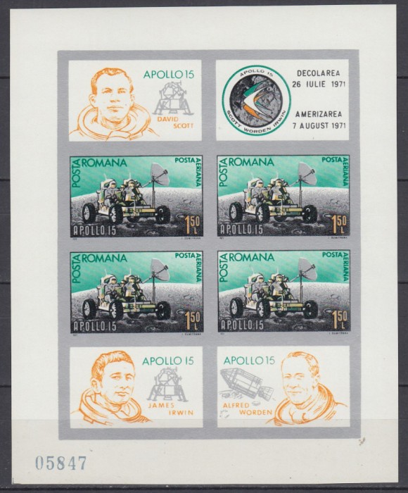 ROMANIA 1971 LP 772 b APOLLO 15 BLOC NEDANTELAT STARE MNH