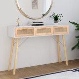 Masă consolă alb 105x30x75 cm lemn masiv pin și ratan natural