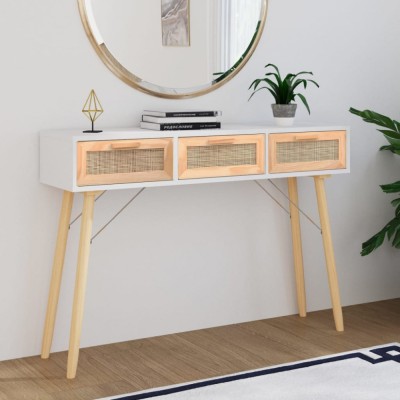 vidaXL Masă consolă alb 105x30x75 cm lemn masiv pin și ratan natural foto