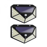 Cumpara ieftin Set 2 lampi cu incarcare solara, Darklove, Cu Senzor de miscare si lumina, 3 trepte de iluminare, 100 x LED, 1200mAh, IP65, Negru