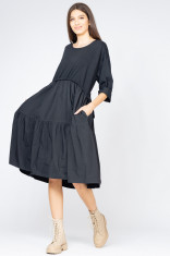 Rochie neagra din bumbac cu snur in talie foto