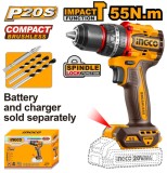 Masina de Gaurit si Insurubat cu Impact 20V INGCO CIDLI205581, 55Nm, brushless, 2 viteze 0-500/2000 rpm, 30000 bpm, mandrina metalica 13 mm, fara acum
