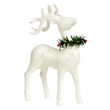 Figurină Decorativă Crăciun, Model Cerb, Glitter Alb Holografic, Coroniță Verde, 22cm, Oem