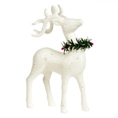 Figurină Decorativă Crăciun, Model Cerb, Glitter Alb Holografic, Coroniță Verde, 22cm