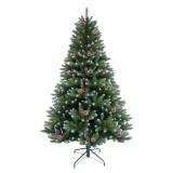 Brad artificial de Craciun, cu varfuri ninse + conuri + fructe, MO240-1641, verde + rosu + maro, 240 cm, suport inclus