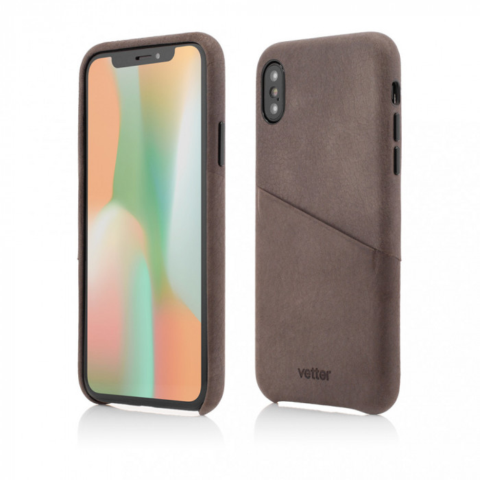 Produs Resigilat Husa iPhone XS, X, Clip-On Genuine Leather with Card Holder, Coffee, Resigilat