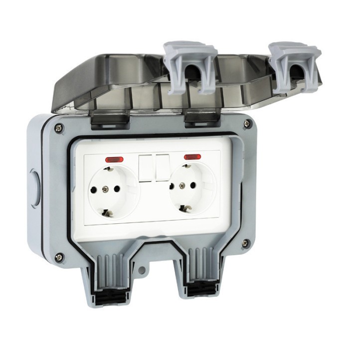 Priza electrica exterior, ABS, Dubla, IP66, Gri/Negru