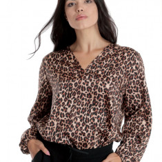 Bluza Dama cu Decolteu in V, Satin Leopard, Maro - XL