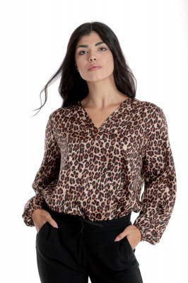 Bluza Dama cu Decolteu in V, Satin Leopard, Maro - L foto