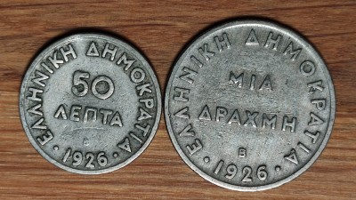 Grecia - set de colectie istoric - 50 lepta + 1 drahma / drachme 1926 - litera B foto
