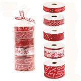 Panglica Decorativa cu Tematica de Craciun, Flippy, Set din 4 bucat + 1 Rulon Ata Rosie Alba, Panglica pentru Cadou de Craciun Brad si Decor, 2 M per