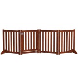 PawHut Barieră de siguranță c&acirc;ine pliabilă dublă față din lemn, 4 panouri cu ușă, picioare de suport, 205 x 60 cm, maro | Aosom Romania