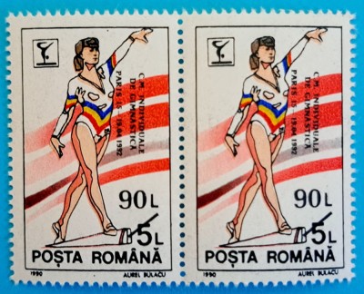 TIMBRE ROMANIA LP1279/1992 Campionatele Gimnastica Paris -supratipar -perecheMNH foto