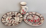 2 farfurii + ulcea - set romanesc ceramica pictata, artizanat olarit traditional