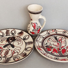 2 farfurii + ulcea - set romanesc ceramica pictata, artizanat olarit traditional