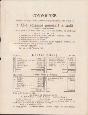 HST A1564 Convocare Adunare Generală 1928 Societatea Doina Beiuș Bihor foto
