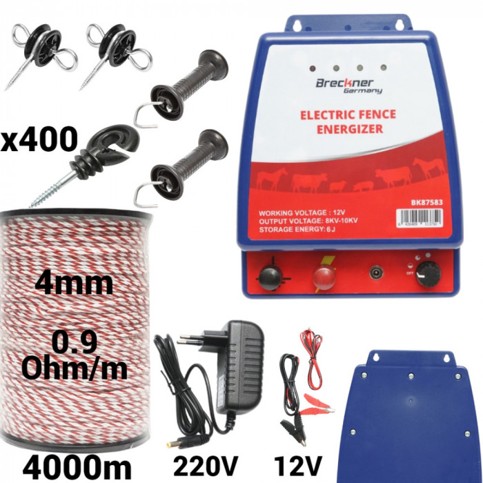 Kit pachet gard electric 6 Joule 12 220V fir 4000m 400 izolatori (BK87583-4000-4mm)