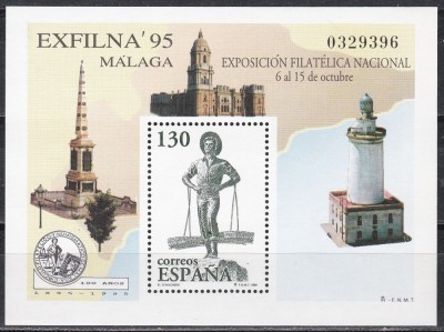 Spania 1995 - Expozitia Nationala Filatelica EXFILNA &amp;#039;95, Malaga, Colita, MNH foto