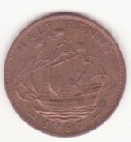 Marea Britanie &frac12; Penny 1967 - Elizabeth II 1st portrait; without &#039;BRITT:OMN&#039;, Europa, Bronz