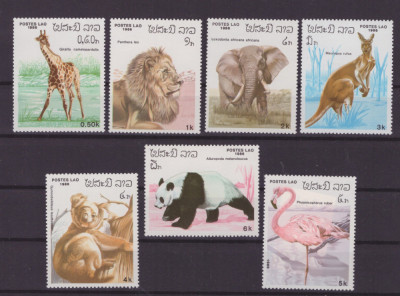 3-LAOS 1986=Animale-fauna-Girafa-leu-elefant-cangur-ursSerie de 8 timbre MNH foto