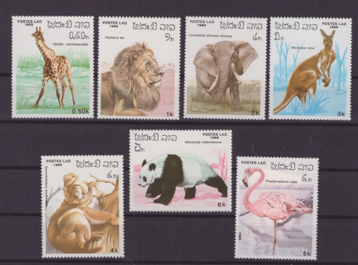 3-LAOS 1986=Animale-fauna-Girafa-leu-elefant-cangur-ursSerie de 8 timbre MNH
