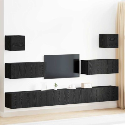 vidaXL Set cabinet TV de 7 piese - Montat pe perete, lemn de stejar negru, lemn compozit foto