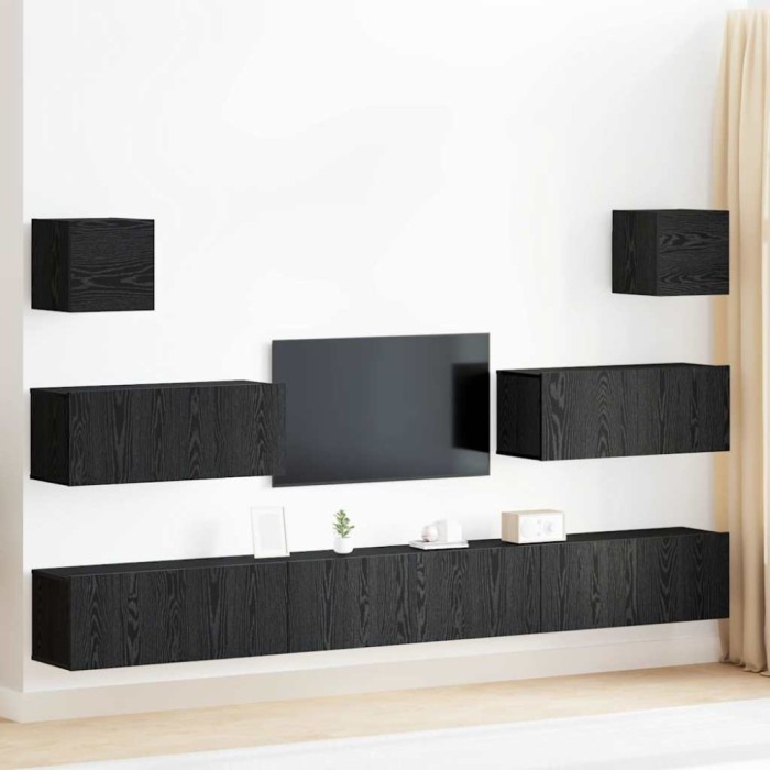 vidaXL Set cabinet TV de 7 piese - Montat pe perete, lemn de stejar negru, lemn compozit