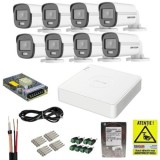 Sistem supraveghere Hikvision, 8 camere 5MP 3K, ColorVu, Lumina Alba 20m, Microfon, DVR 8 canale cu functii inteligente, HDD 1TB, Accesorii, Autocolan