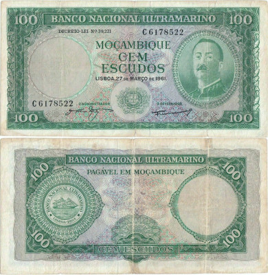 1961 (27 III), 100 escudos (P-109a.4) - Mozambic! foto