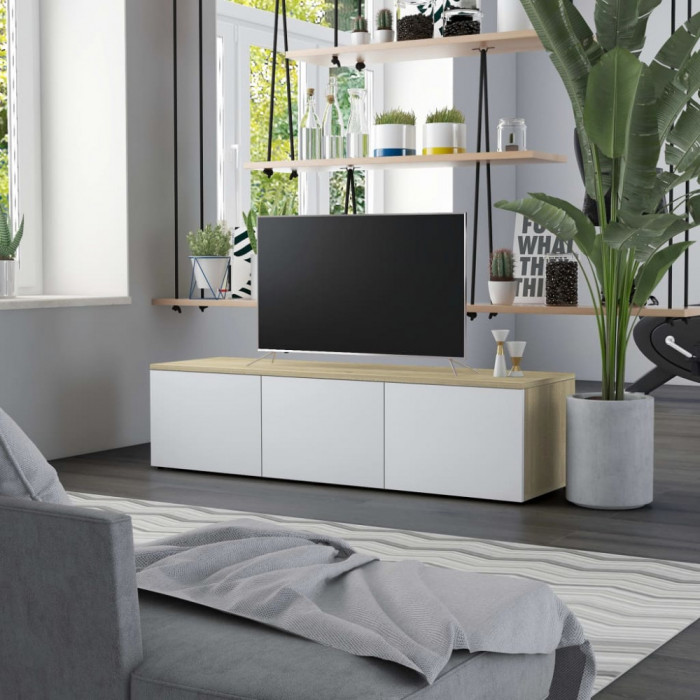 vidaXL Comodă TV, alb și stejar Sonoma, 120 x 34 x 30 cm, PAL